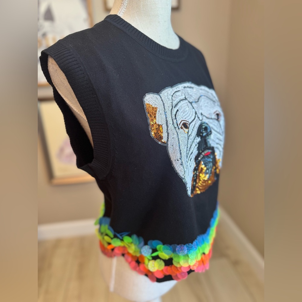 New! QUEEN OF SPARKLES Black Sequin Bulldog Wavy Sweater Tank - Picture 4 of 8